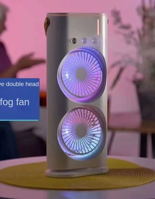 Load image into Gallery viewer, BreezeGlow™ 2-in-1 Dual Mist Cooling Fan – Chill, Hydrate &amp; Light Up Your Space
