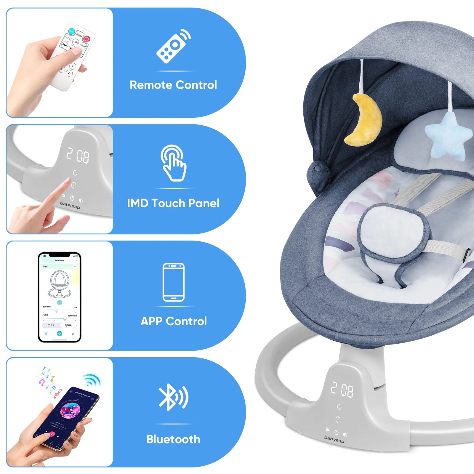 Baby Swing for Infants - APP Remote Bluetooth Control, 5 Speed Settings, 10 Lullabies, USB Plug (Blue)