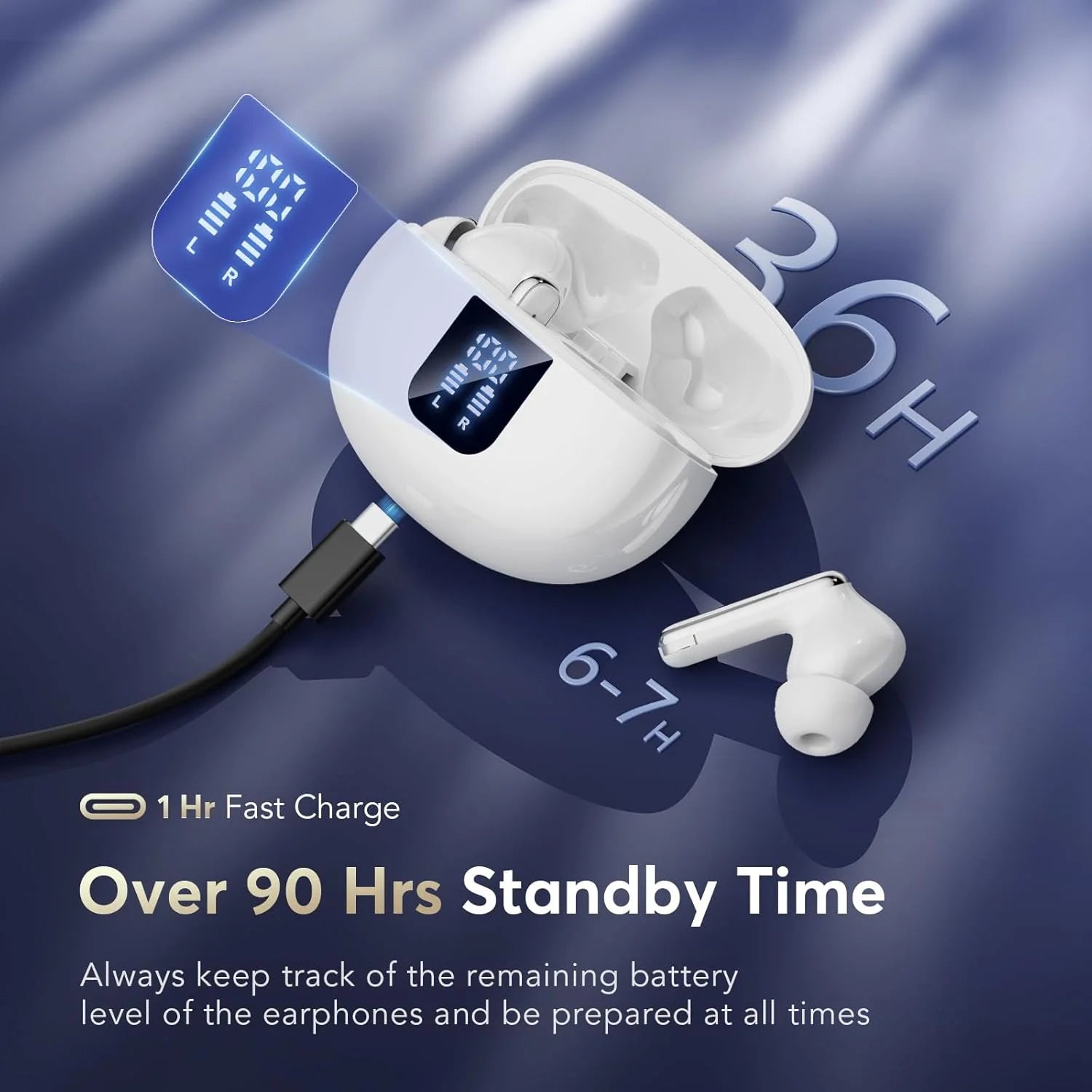 Wireless Earbud, 5.4 Bluetooth Headphones in Ear Stereo Bass Earphones Noise Cancelling Earbuds 36H Dual Mic Call, LED Display IP7 Waterproof Sport Headset for Android Ios