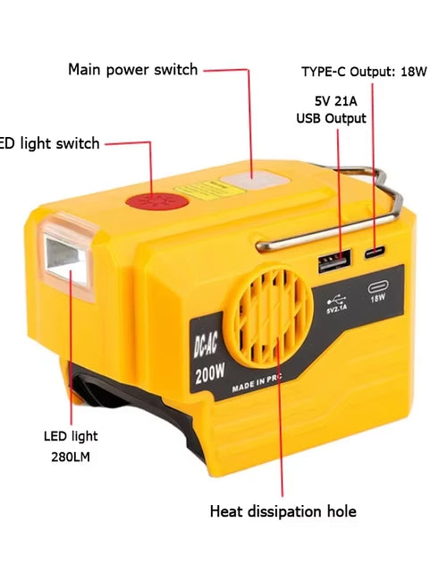 Load image into Gallery viewer, PowerPro Dewalt Battery Inverter – 18V-20V DC to 120V/220V AC with Dual USB, Ultimate Outdoor Power Adapter

