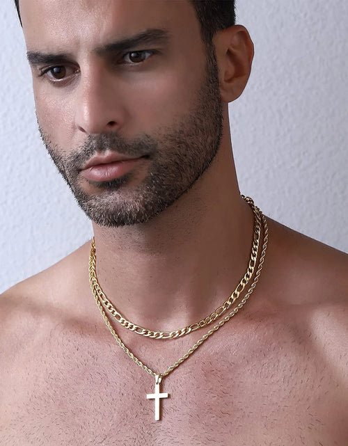 Load image into Gallery viewer, Layered Gold Cross Necklaces for Men Boys Stainless Steel Figaro Twist Rope Pendant Chain Set Religious Christian Birthday Christmas Jewelry Gifts Teen Dad Adults Stocking Stuffers for Kids
