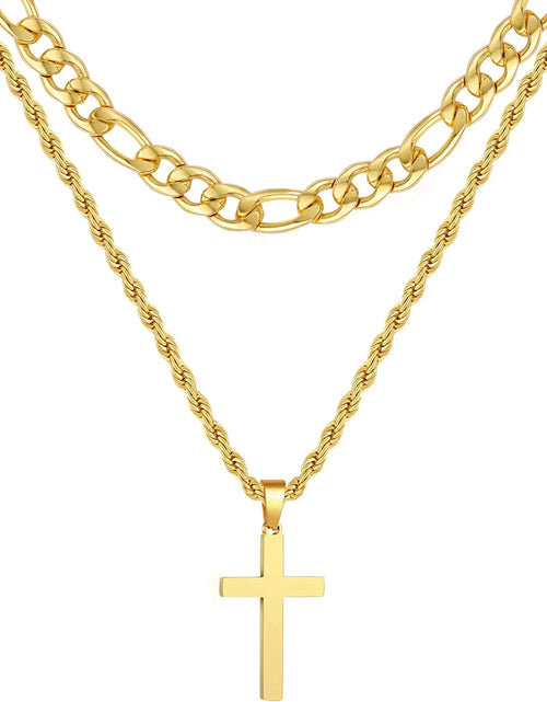 Load image into Gallery viewer, Layered Gold Cross Necklaces for Men Boys Stainless Steel Figaro Twist Rope Pendant Chain Set Religious Christian Birthday Christmas Jewelry Gifts Teen Dad Adults Stocking Stuffers for Kids
