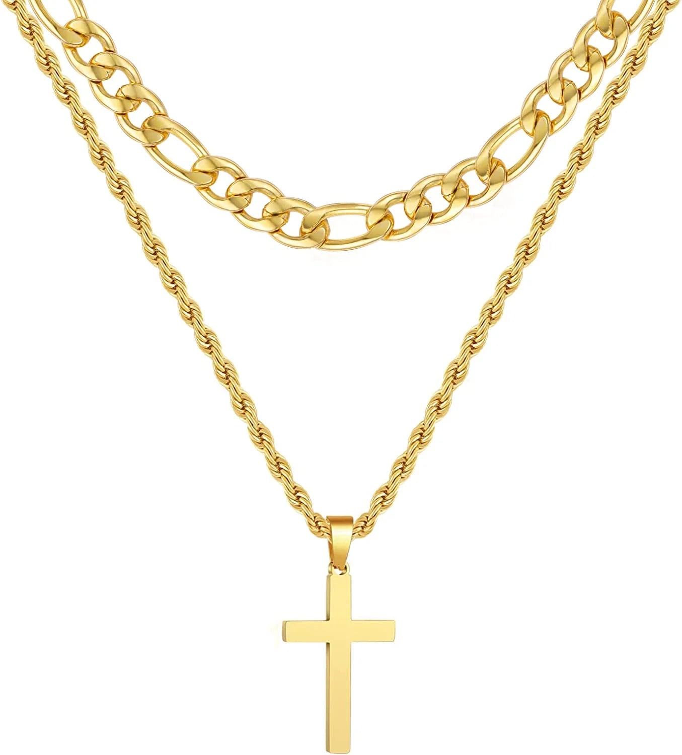 Layered Gold Cross Necklaces for Men Boys Stainless Steel Figaro Twist Rope Pendant Chain Set Religious Christian Birthday Christmas Jewelry Gifts Teen Dad Adults Stocking Stuffers for Kids