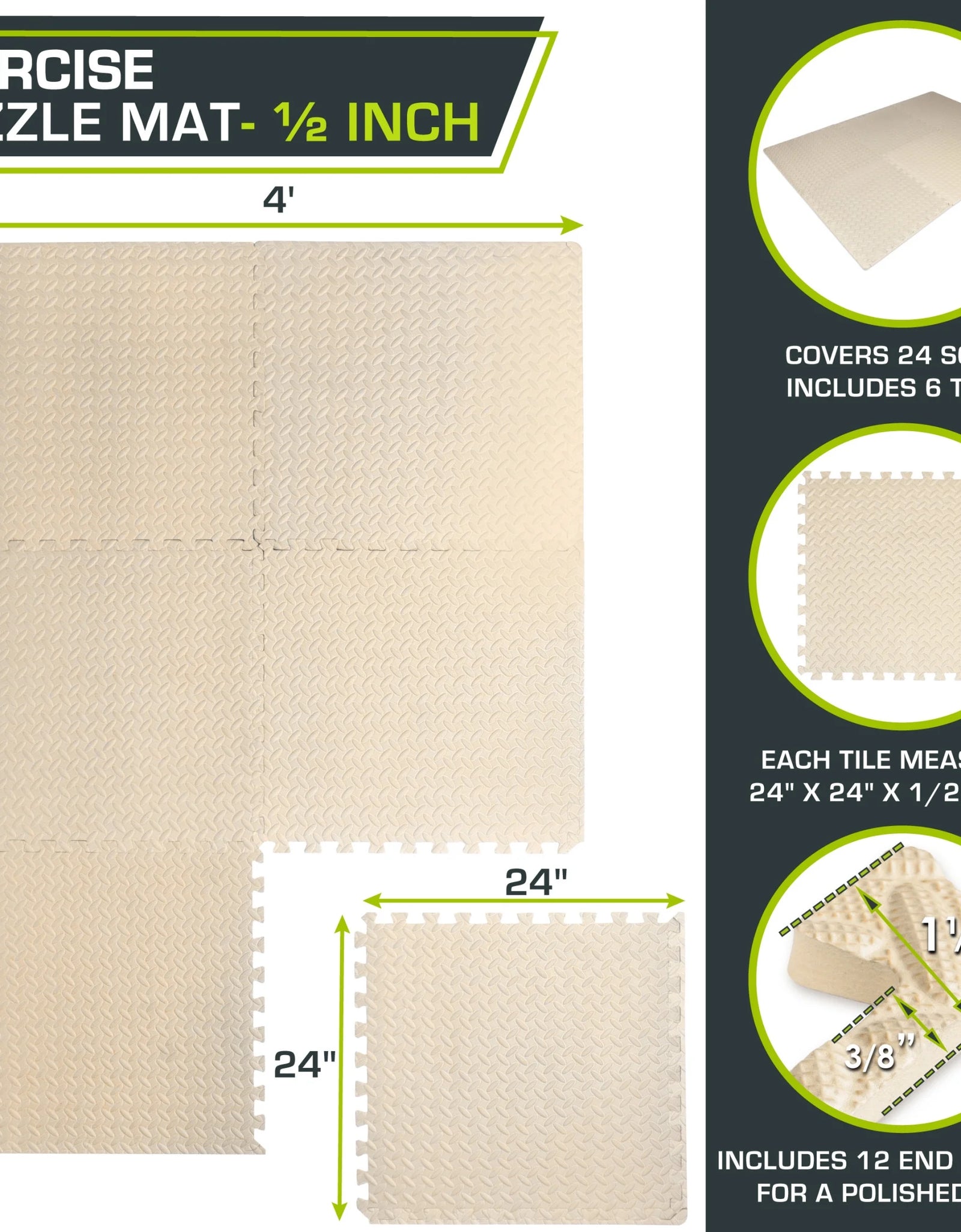 Puzzle Exercise Mat, 1/2" Thick EVA Foam Interlocking Tiles