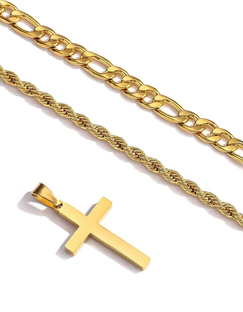 Load image into Gallery viewer, Layered Gold Cross Necklaces for Men Boys Stainless Steel Figaro Twist Rope Pendant Chain Set Religious Christian Birthday Christmas Jewelry Gifts Teen Dad Adults Stocking Stuffers for Kids
