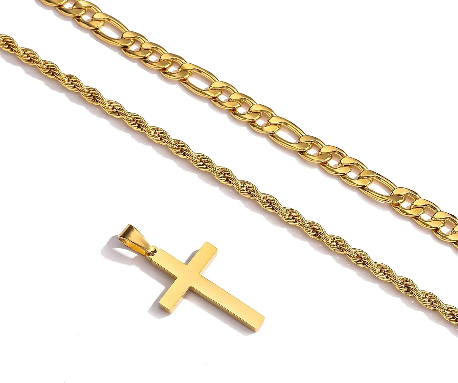 Layered Gold Cross Necklaces for Men Boys Stainless Steel Figaro Twist Rope Pendant Chain Set Religious Christian Birthday Christmas Jewelry Gifts Teen Dad Adults Stocking Stuffers for Kids