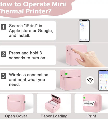 Mini Printer,  Bluetooth Pocket Thermal Printer Inkless Portable Sticker Printer Compatible with Ios and Android, Wireless Photo Printer for Printing Label, Journal, Study Notes, Memo, Photos